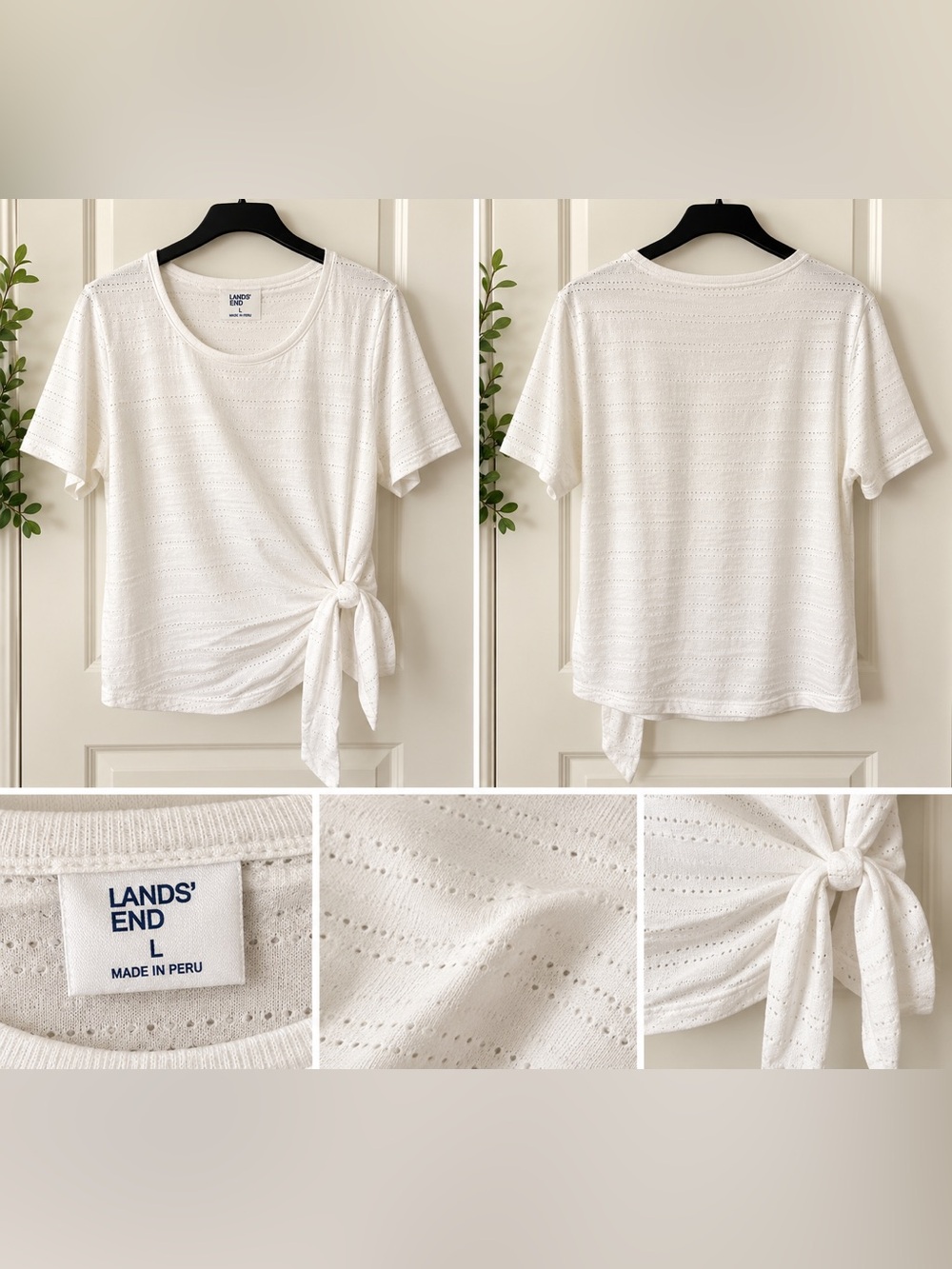 Lands' End Off White Pointelle Side Tie Wrap Top